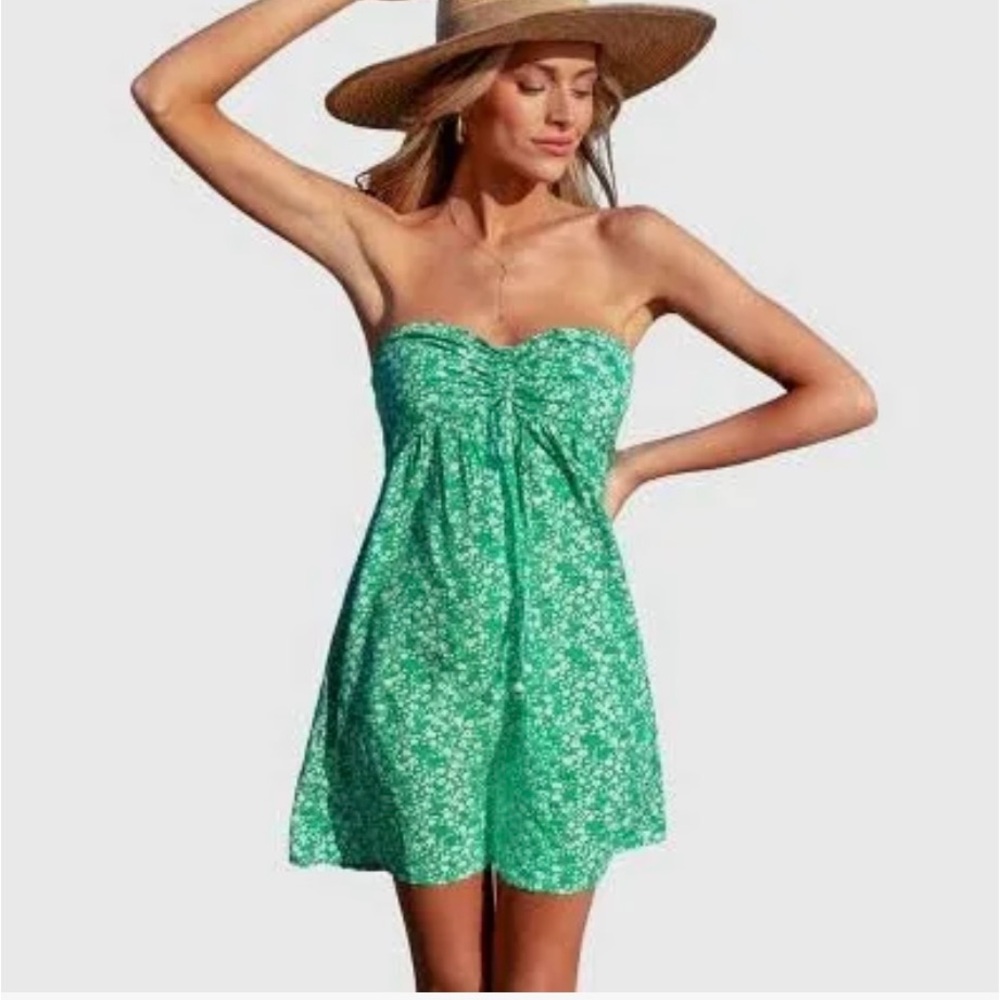 Cupshe Green Floral Strapless Smocked Mini Dress Cover Up NWT S